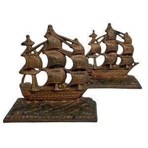 VTG Pair of Heavy Iron Ship Bookends Galleons Sails Nautical Signed Constitution